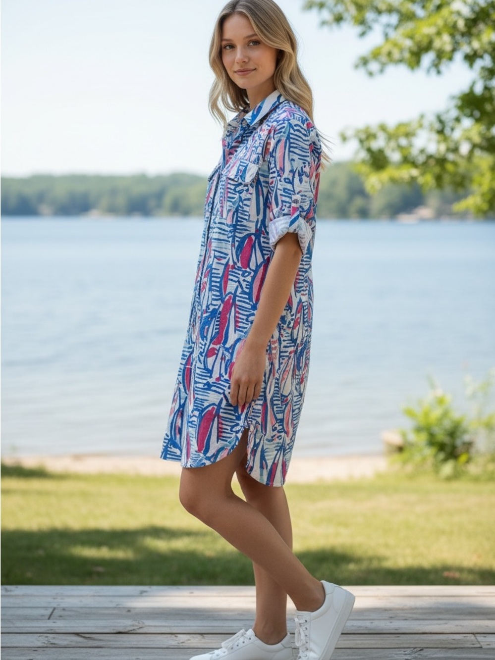 Lilly Pulitzer Blue & Pink Printed Midi Shirt Dress